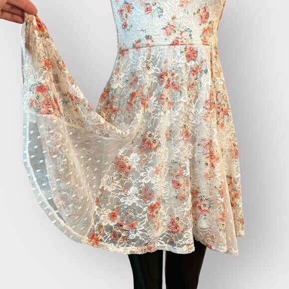Lily Rose NWOT Mini Dress Womens S Juniors M Floral Lace Cream White Coral Teal - Picture 2 of 9